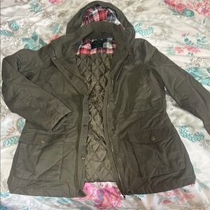 Love Tree Olive Jacket with Red and Blue Plaid Lining